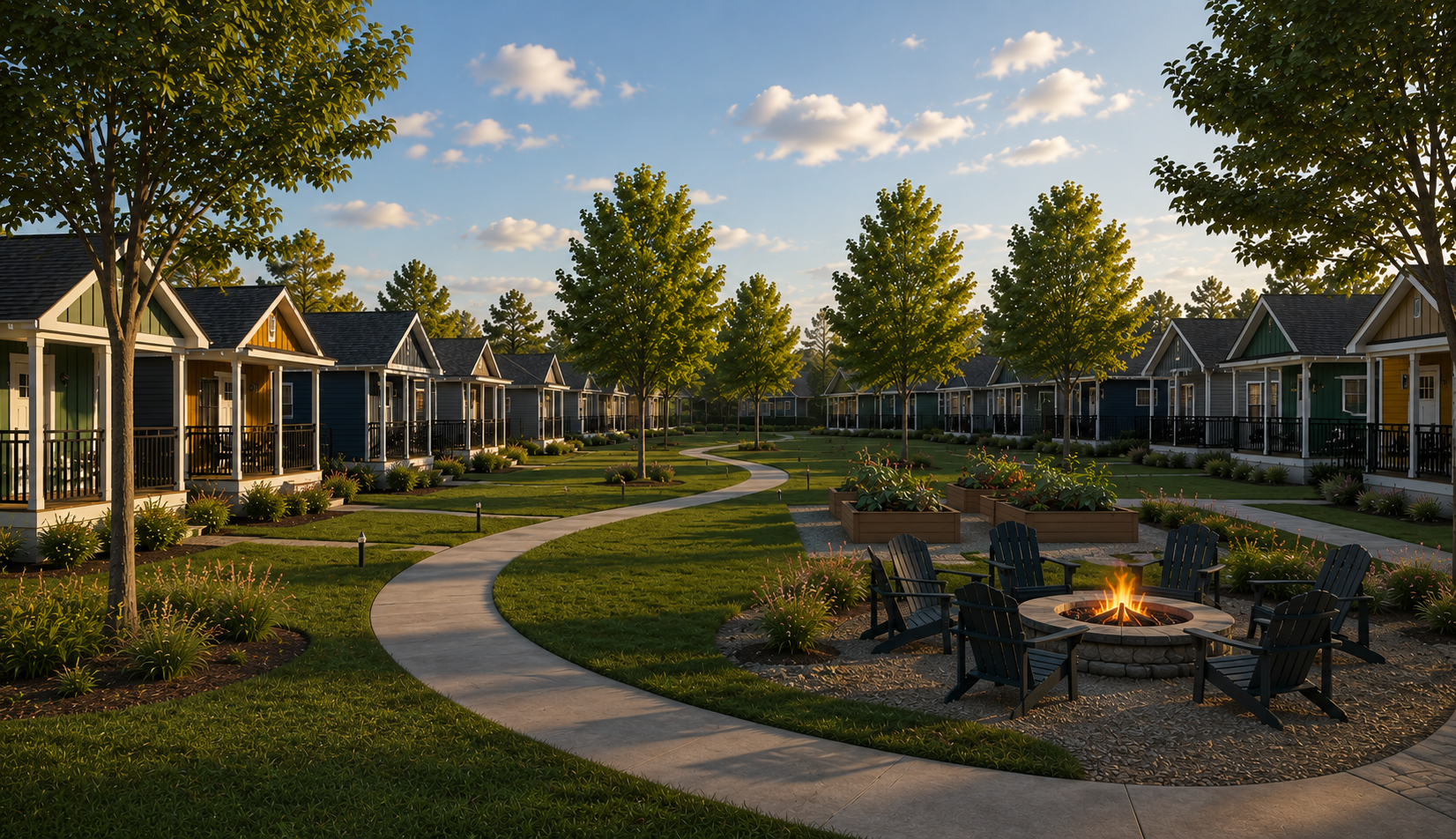 A serene residential cottage court community with a winding pathway, and a fire pit surrounded by chairs. Lush green trees and landscaped gardens are visible under a blue sky with scattered clouds.