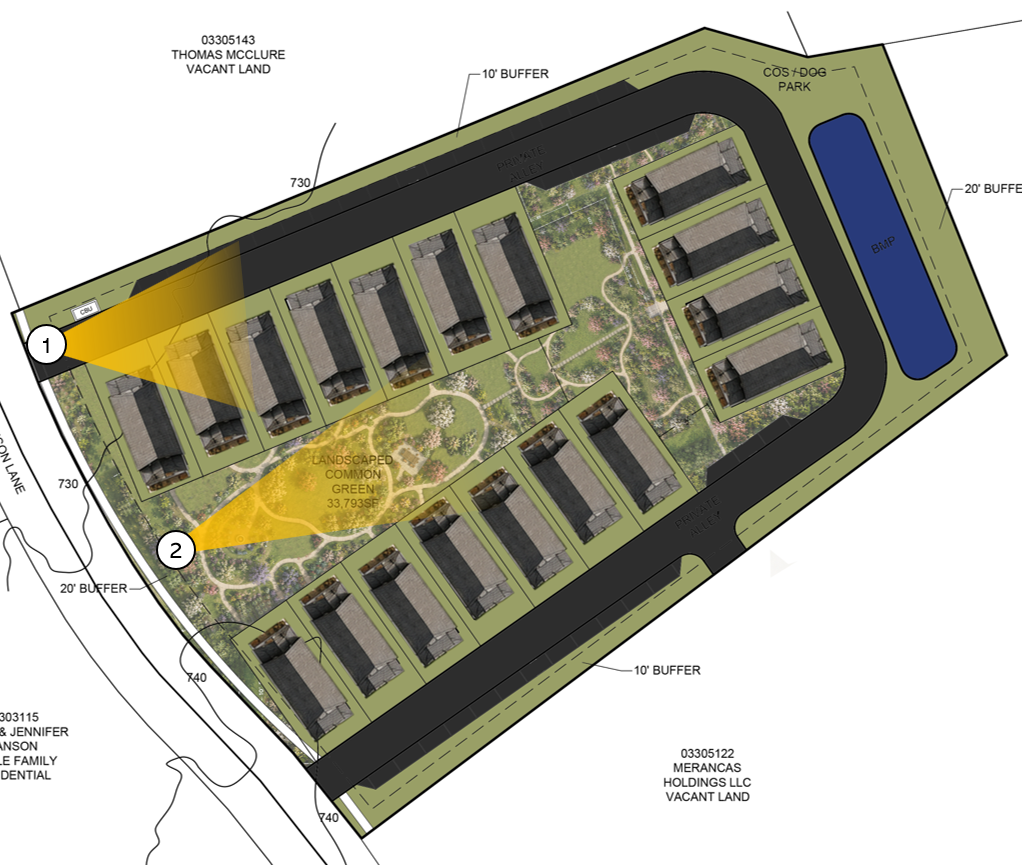 Site plan of a infill cottage court residential community with multiple houses, landscaped common green areas, a pond, buffer zones, roads, and parking details.