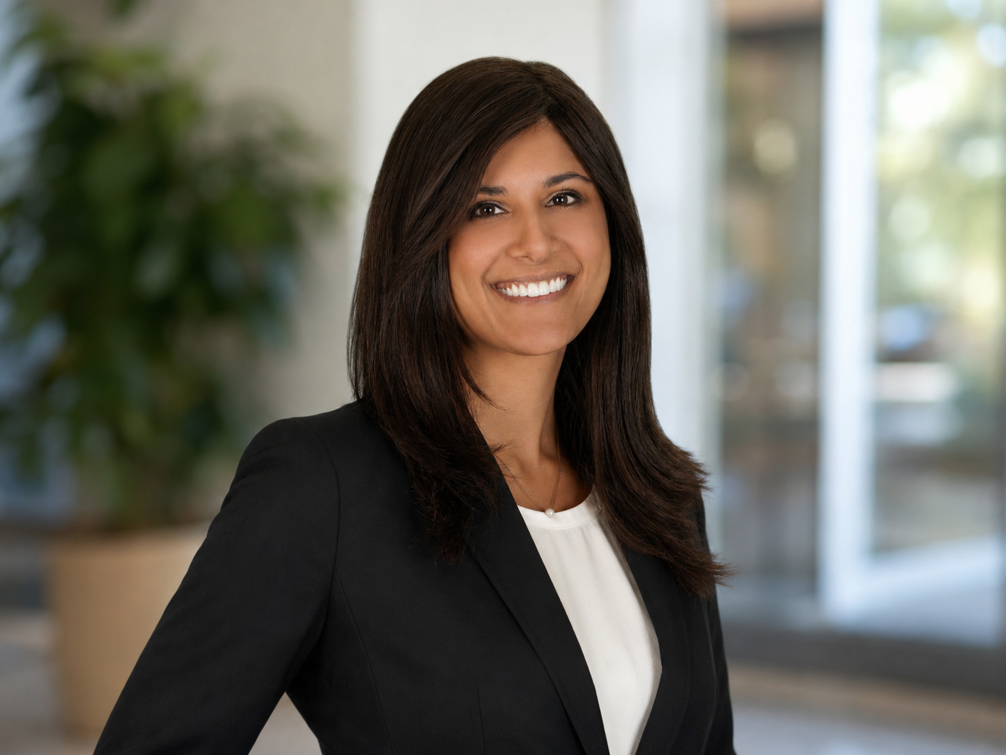 Kari Pell with long dark hair wearing a black blazer and white top, standing in an office lobby with blurred background and greenery.