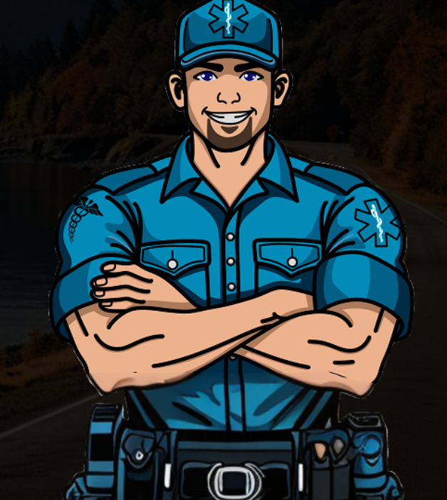 Cartoon illustration of a smiling emergency medical technician (EMT) in a blue uniform, with crossed arms, standing outdoors with a dark cloudy sky in the background.