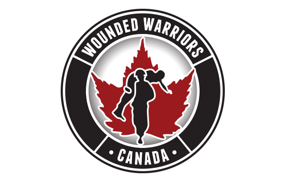 Logo of Wounded Warriors Canada featuring a silhouette of a soldier carrying a wounded comrade, surrounded by a maple leaf and the organization's name.