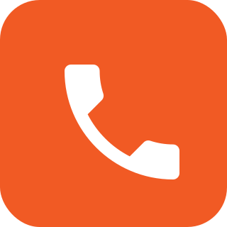 Orange background with a white phone receiver icon.