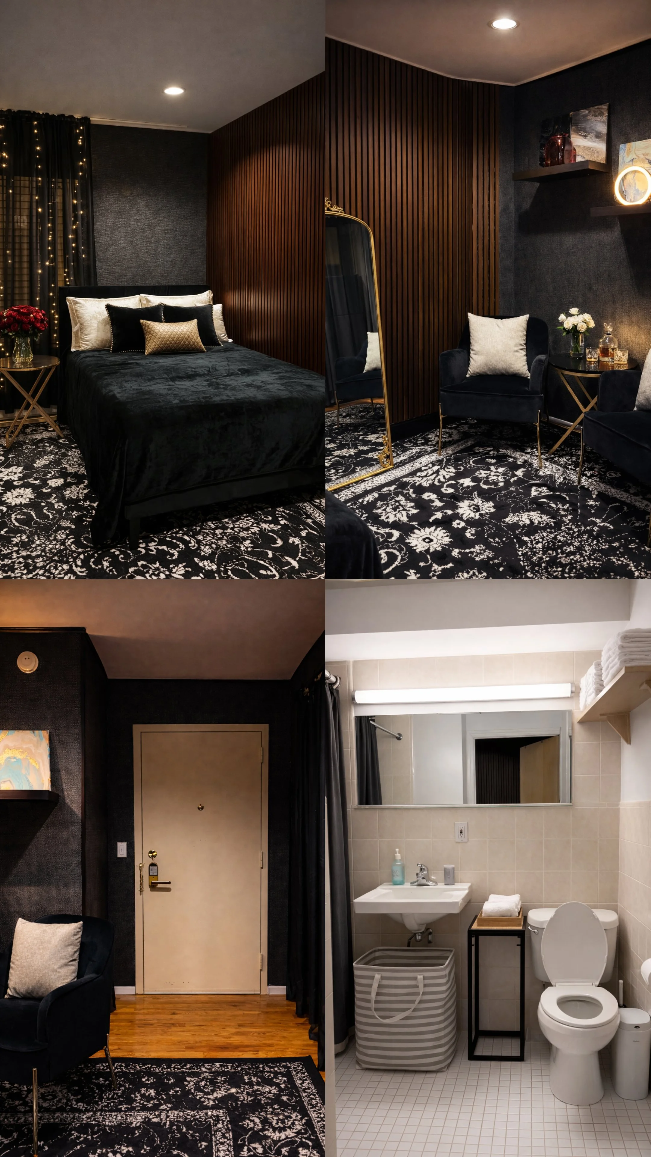 A bedroom with a black bedspread, gold and black pillows, a small gold side table with a vase of red flowers, and black curtains with string lights. A bedroom with black armchairs, a gold-framed mirror, and wall shelves with decorative items. A bathroom with a mirror, sink, soap dispenser, trash basket, and toilet, with white tiles and towels.