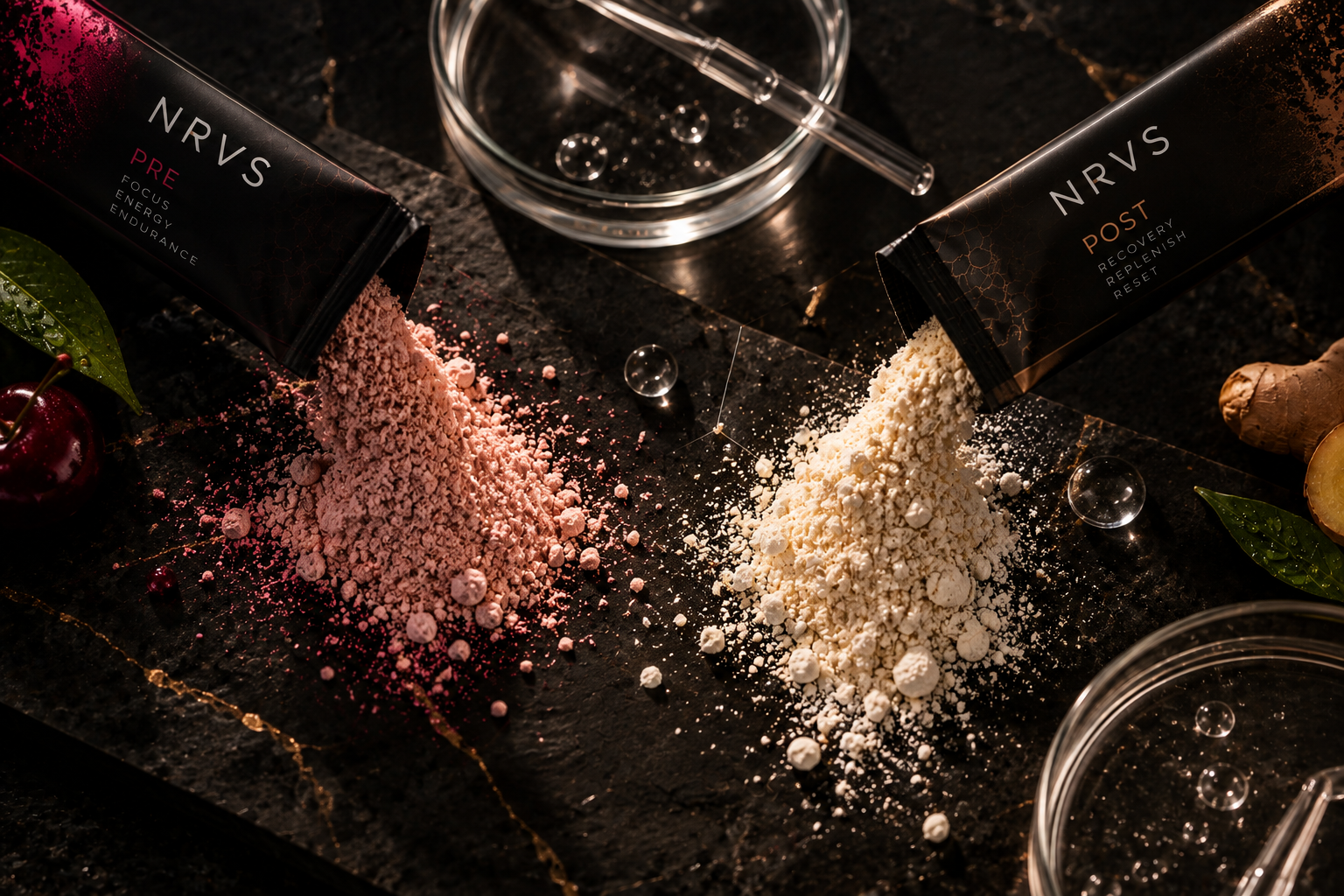 NRVS PRE + POST wellness formulas displayed with pink and cream powders, laboratory glassware and botanical ingredients.