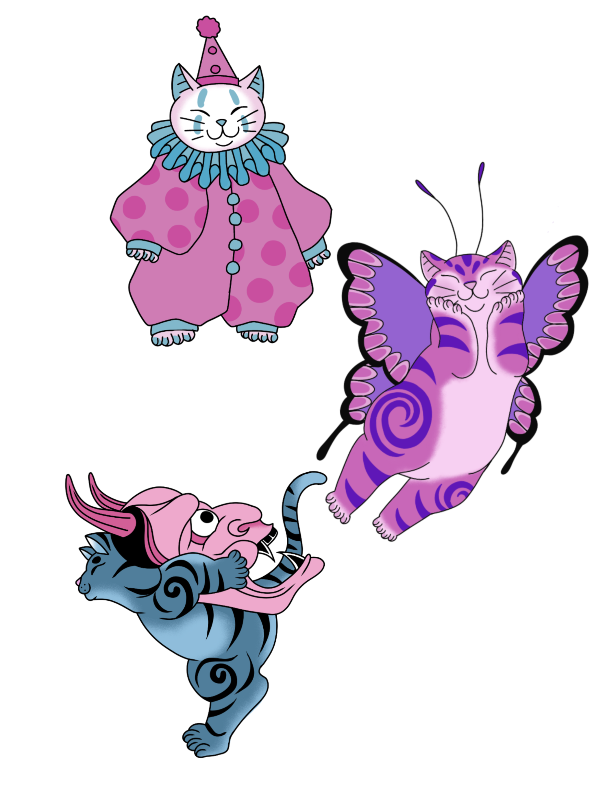 Colorful illustration of a pink, purple, and blue tiger with a fierce expression on a black background.