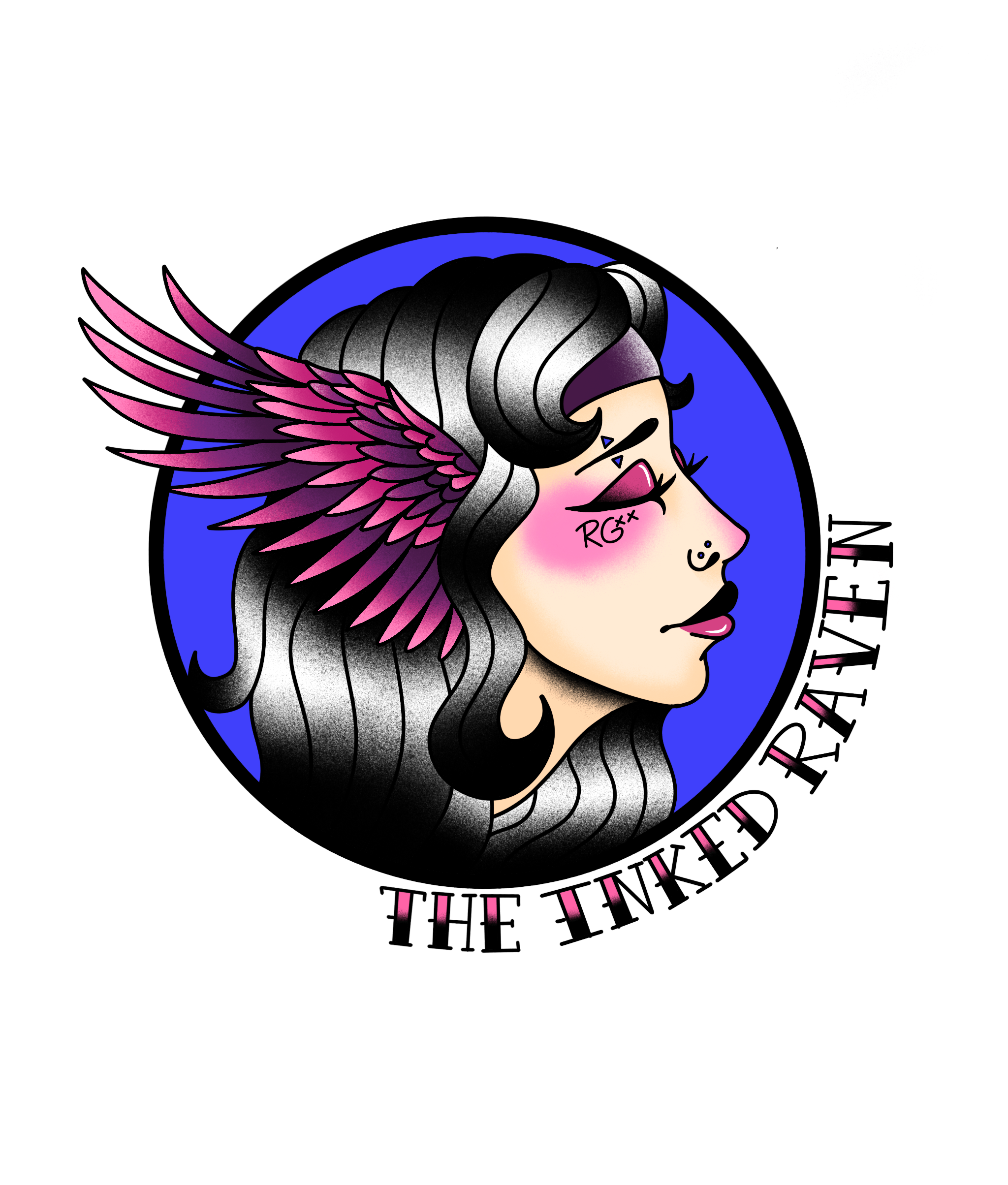 A digital illustration of a woman with black and white hair, wearing a purple blindfold, with pink dragon-like wings on the side of her head, and blush on her cheeks. The background is black with a blue circle behind her head and pink dashed lines forming a semi-circle around her.