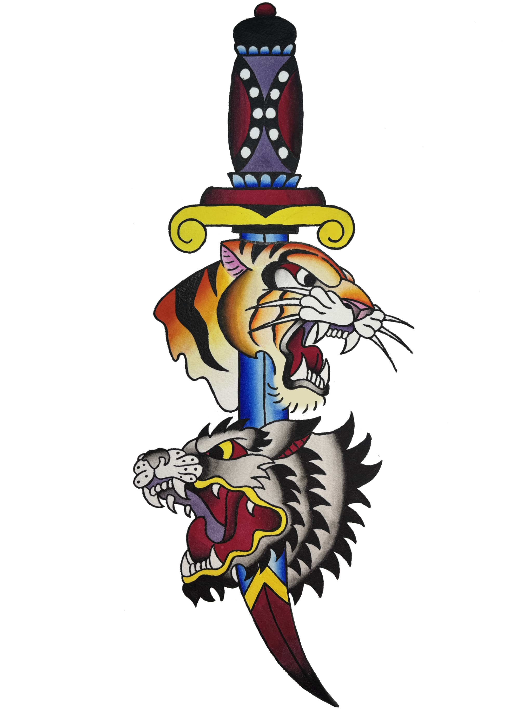 Colorful tattoo design of a fierce tiger with an open mouth showing sharp teeth, wrapped around a sword with a dragon depicted above the tiger, incorporating vibrant reds, oranges, blacks, and yellows.