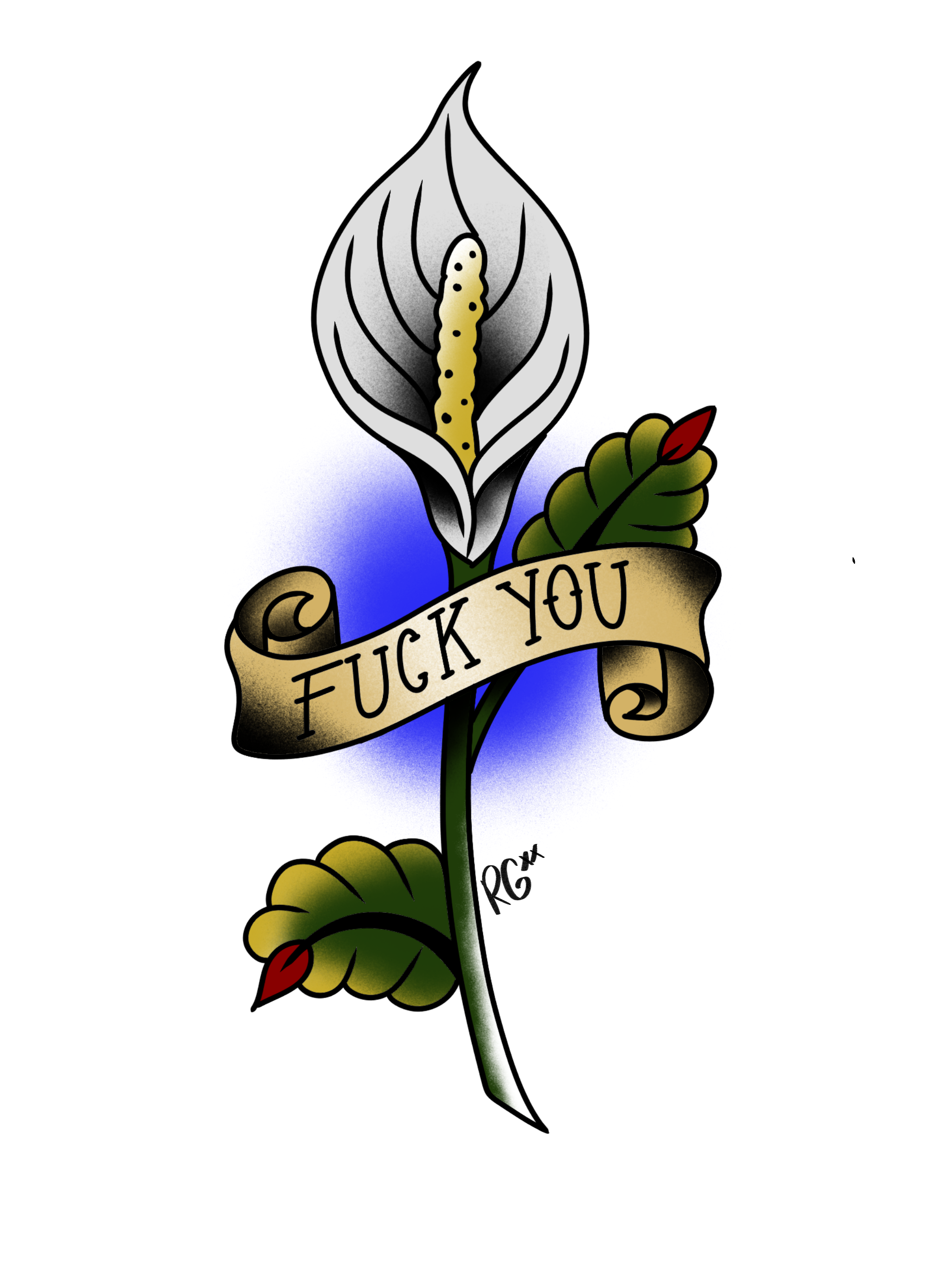 A tattoo of a flower with a banner that reads 'FUCK YOU,' with green leaves and a red tip, on a black background.
