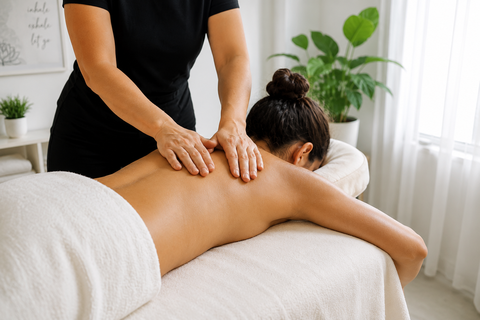 A woman receiving a back massage from a therapist in a bright, relaxing room with green plants and white curtains.