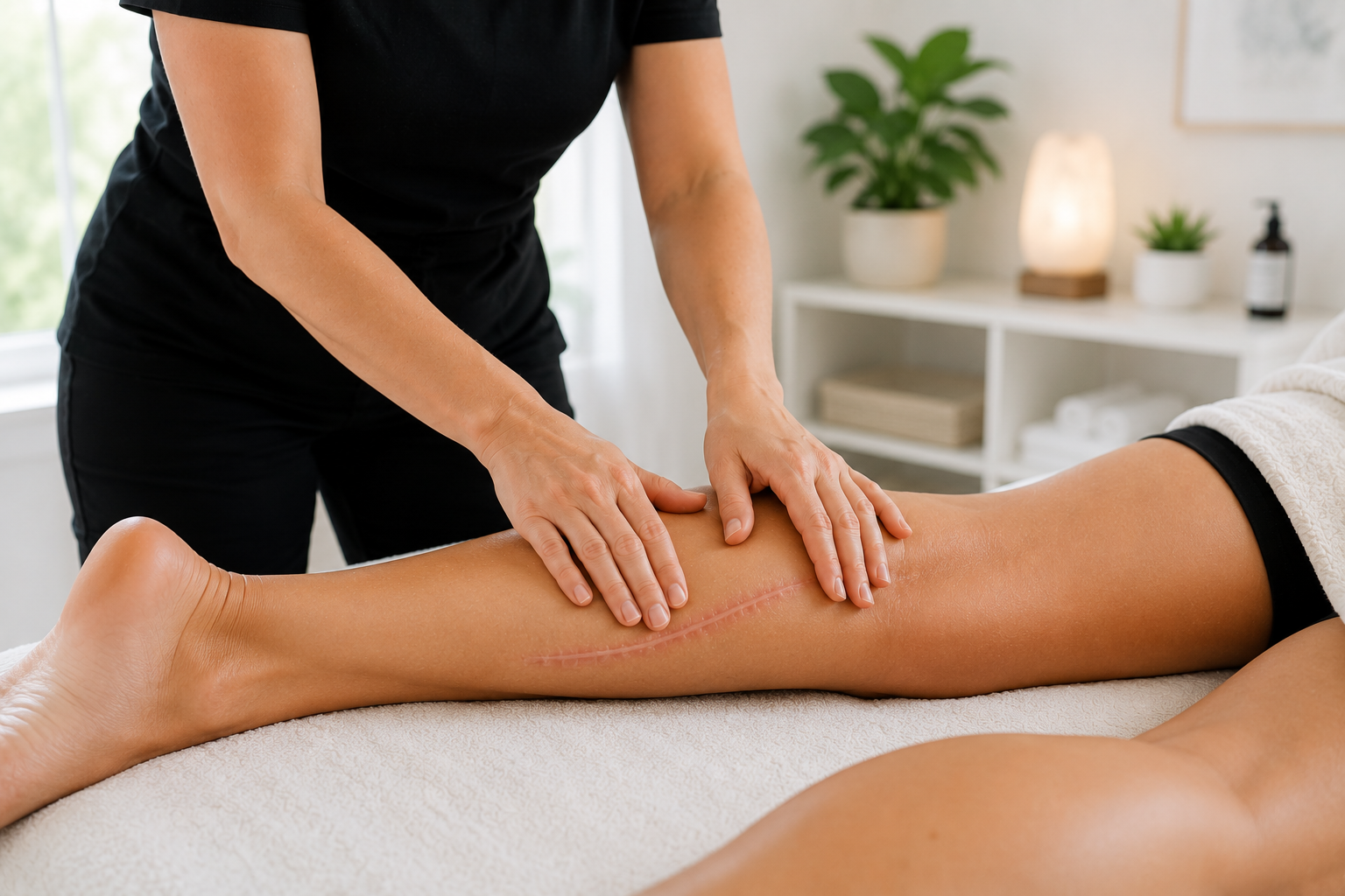A person receives a massage on their lower leg from a therapist in a spa-like environment.