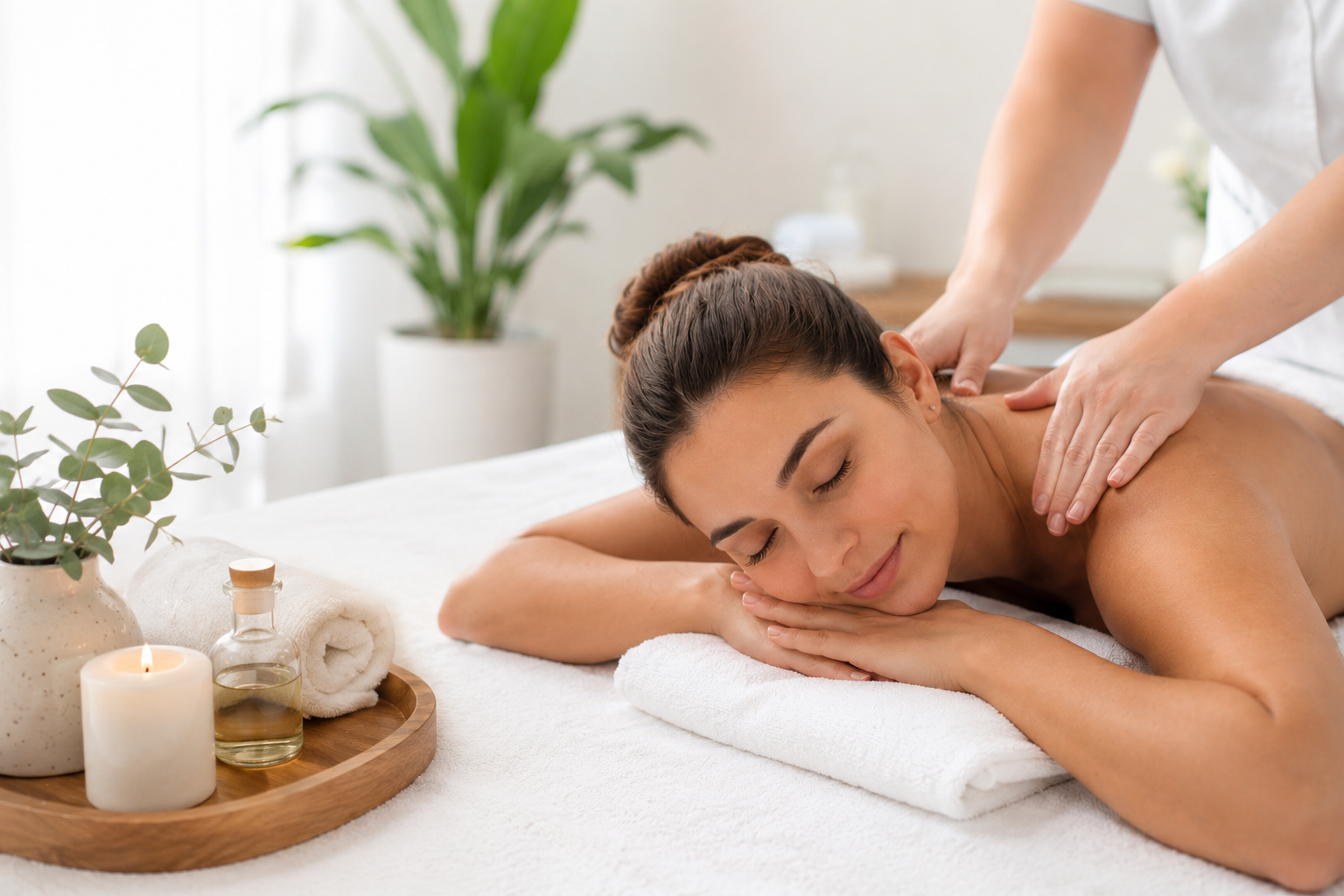 Woman receiving a massage in a spa with candles and plants nearby.