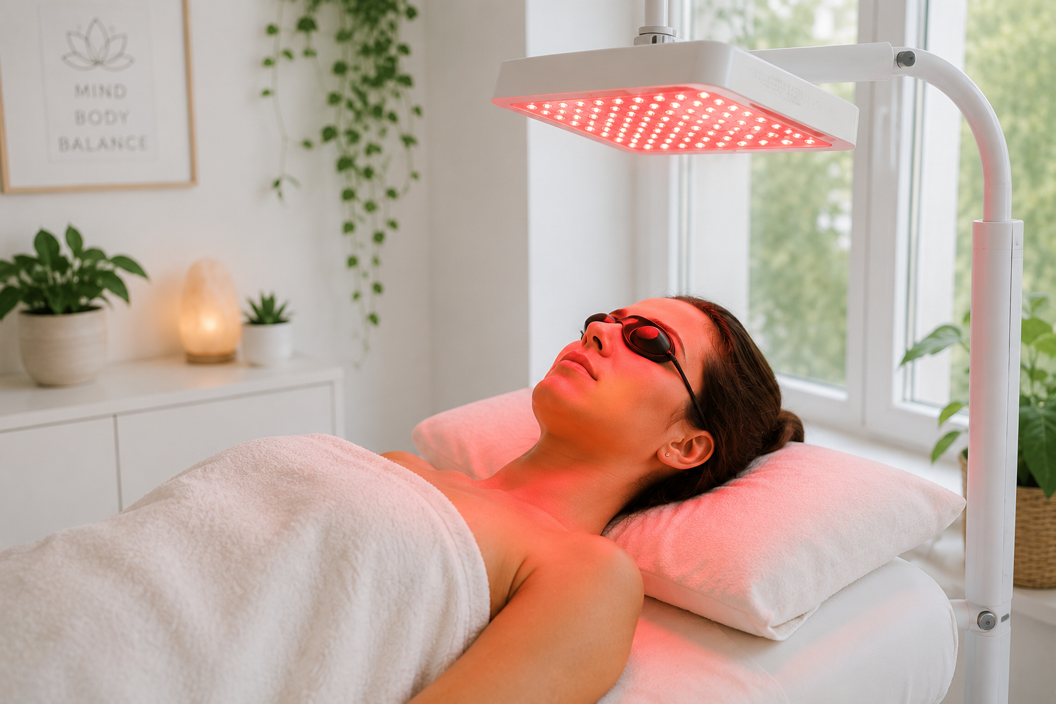 A woman lying on a spa bed receiving red light therapy with protective goggles on in a relaxing, well-lit treatment room with plants and calm decor.