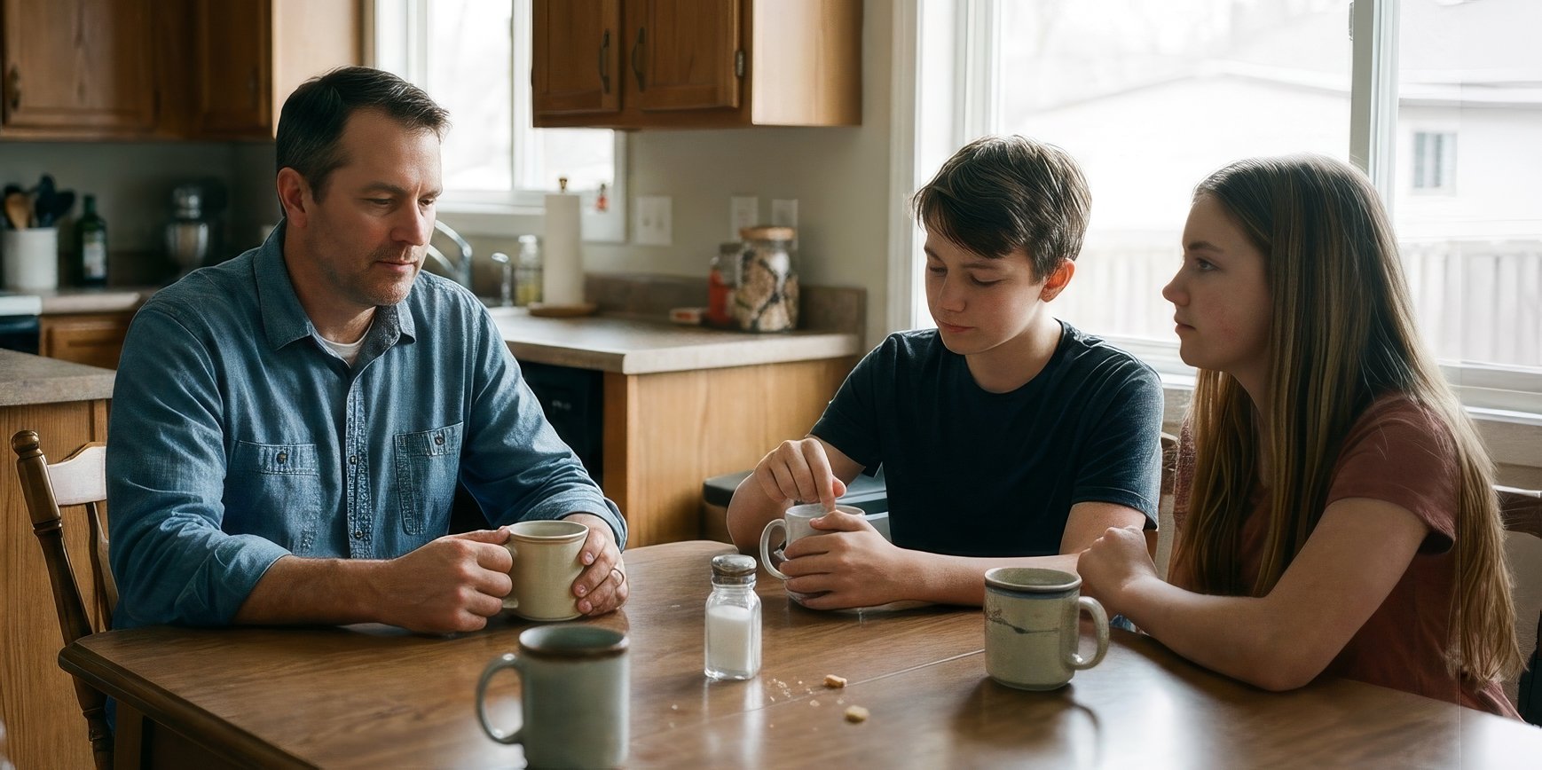 Family sitting at kitchen table with mugs, salt shaker, and cookies, in well-lit kitchen.