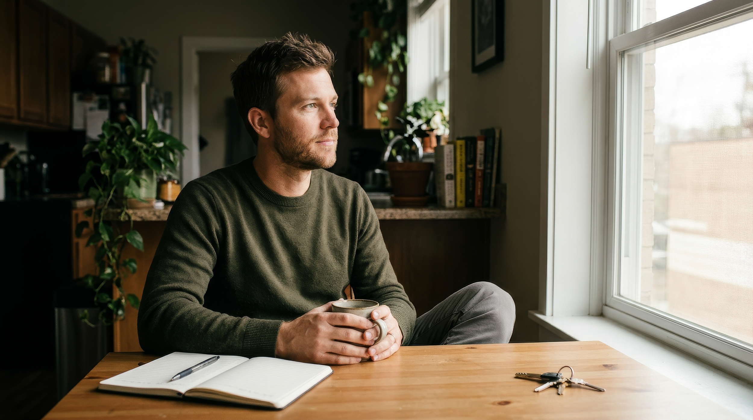 A man with short brown hair and a beard sitting at a kitchen table by a window, holding a mug. There is an open notebook, a pen, and a set of keys on the table. The background shows kitchen cabinets, plants, and shelves with books.