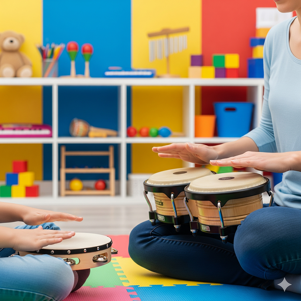 A person and a child playing drums on a colorful foam mat in a playroom with storage cubbies filled with toys and educational items in the background.