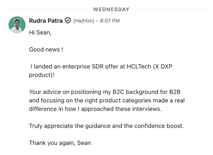 Screenshot of a LinkedIn message from Rudra Patra to Sean, discussing landing an enterprise SDR offer at HCLTech and thanking Sean for advice on B2B positioning.