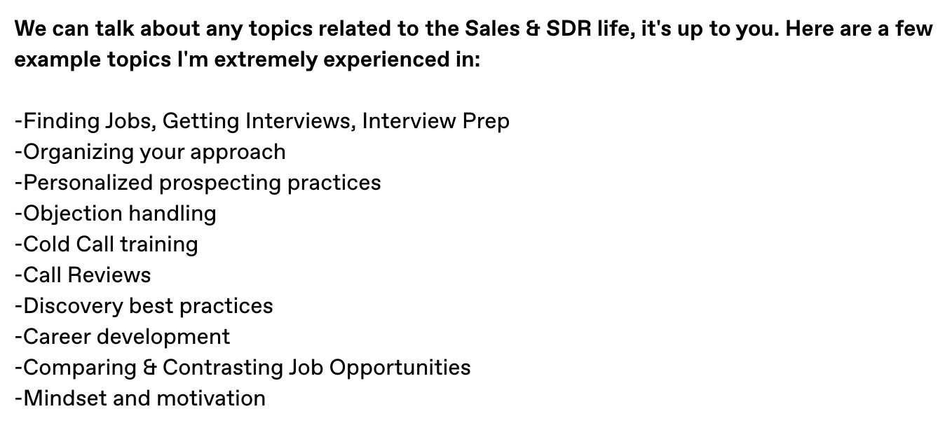 Text explaining various topics related to Sales and SDR life, including job finding, interview prep, prospecting, objection handling, cold calling, call reviews, best practices, career development, job opportunities, and motivation.