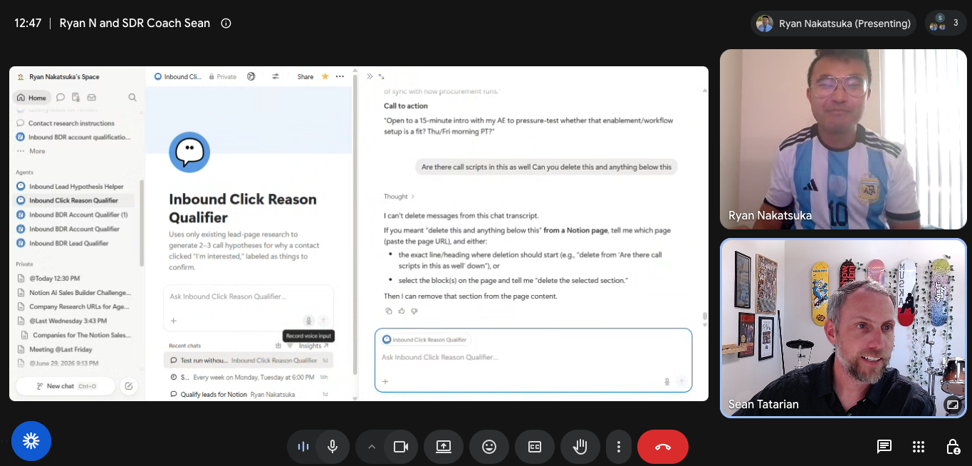 Screenshot of a video call featuring two men discussing a digital presentation on lead research and qualification tools. The presentation slide titled "Inbound Click Reason Qualifier" is displayed on the screen.