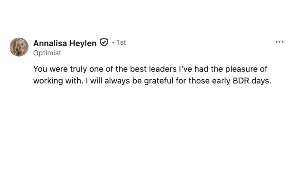Online message from Annalisa Heylen expressing gratitude for working with a leader during early BDR days.