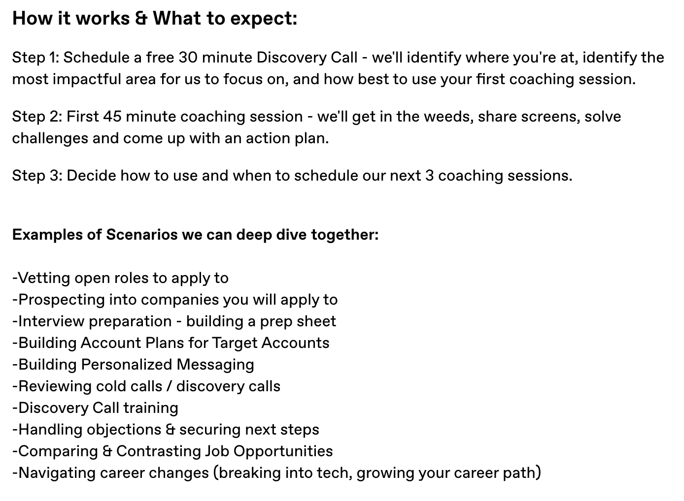 Text outlining steps for coaching sessions and scenarios for career development, including scheduling calls, coaching, and strategic planning.