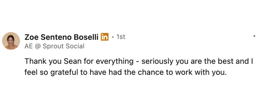 Screenshot of a LinkedIn message from Zoe Senteno Boselli thanking Sean for everything and expressing gratitude for the opportunity to work with him.