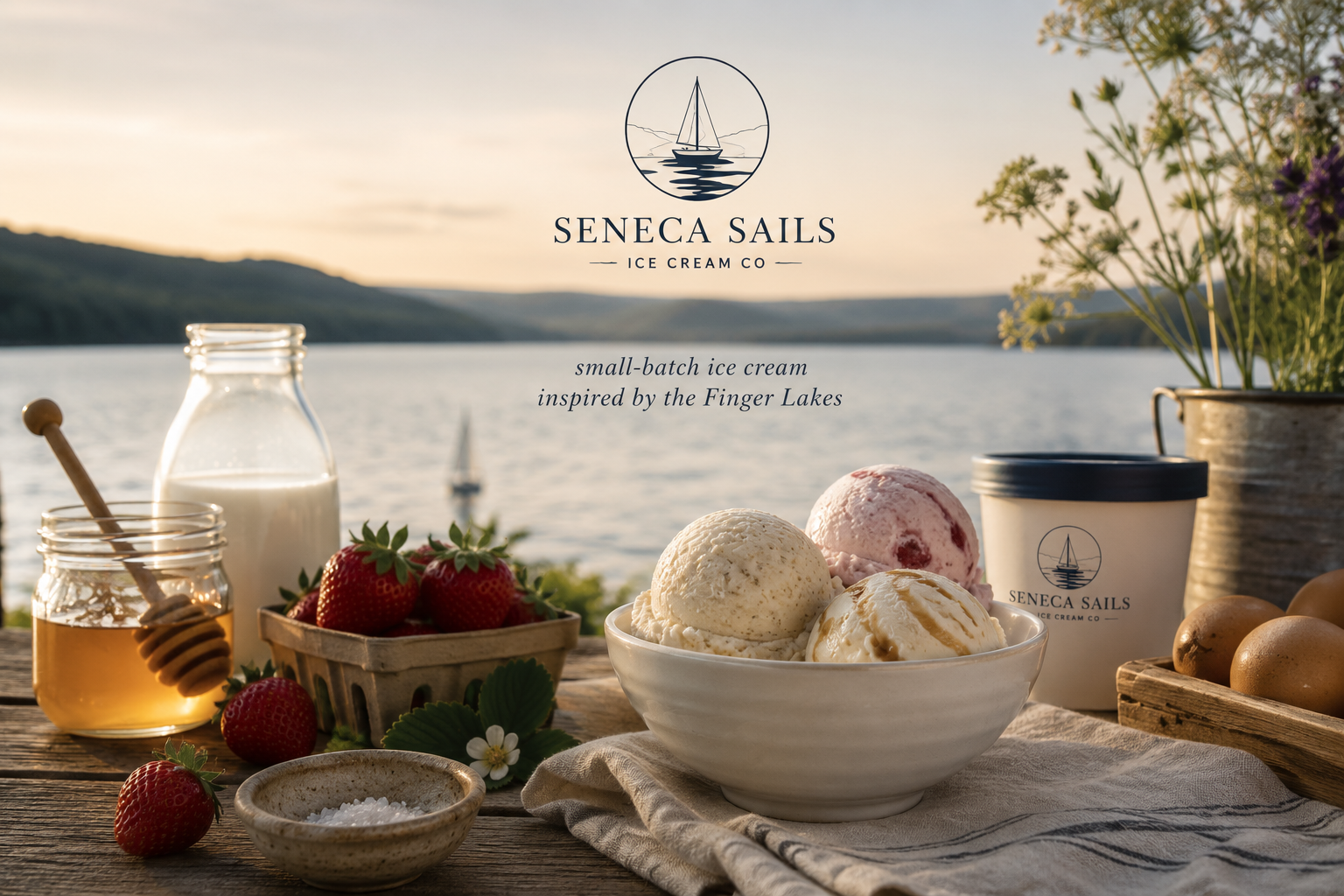 Ice cream bowls with strawberries, honey jar with honey dipper, milk in glass bottles, eggs, and a potted plant with flowers on a wooden table overlooking a lake at sunset.