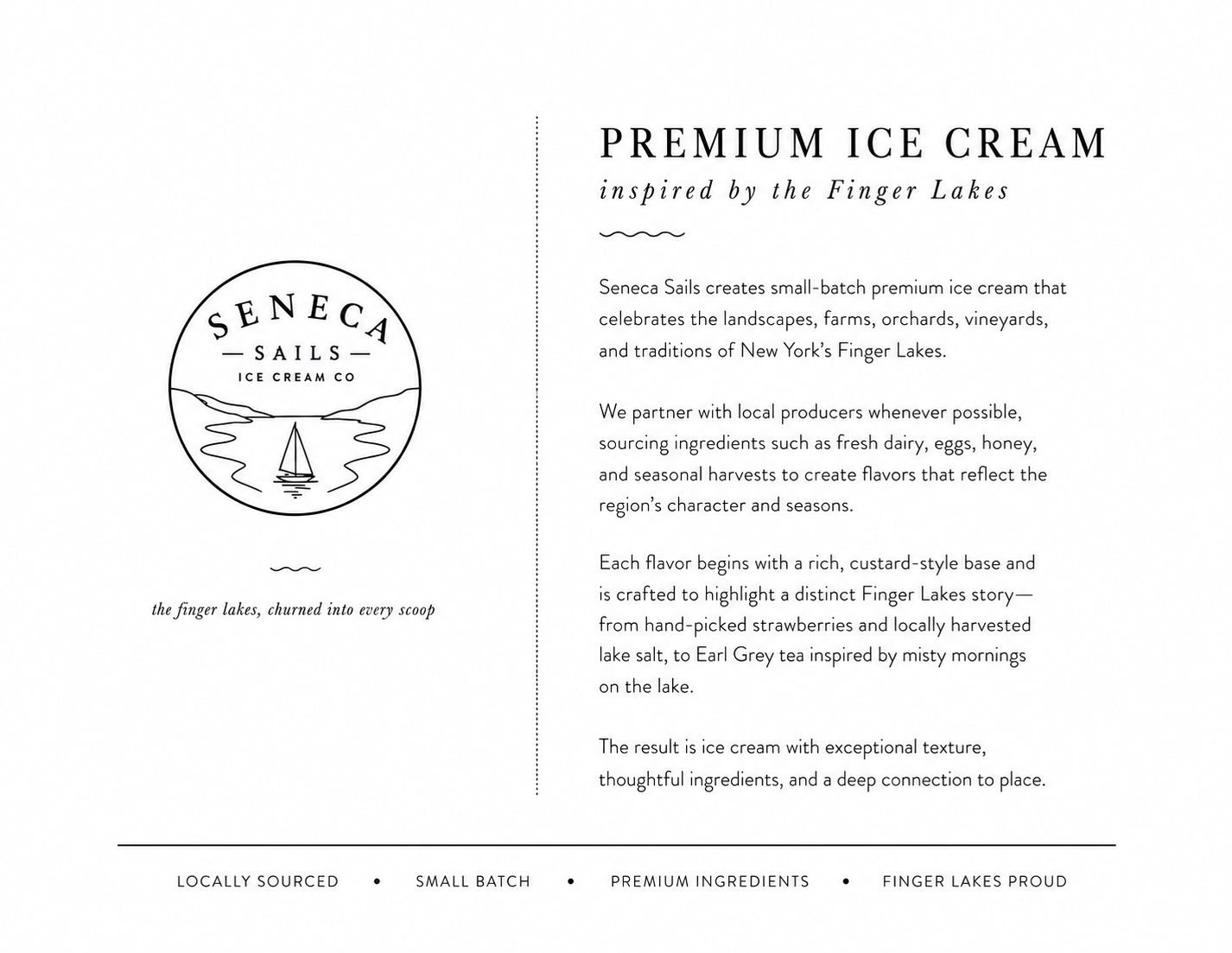 Label for Seneca Sails premium ice cream with text about ingredients and local sourcing, featuring a logo with a sailboat on a lake