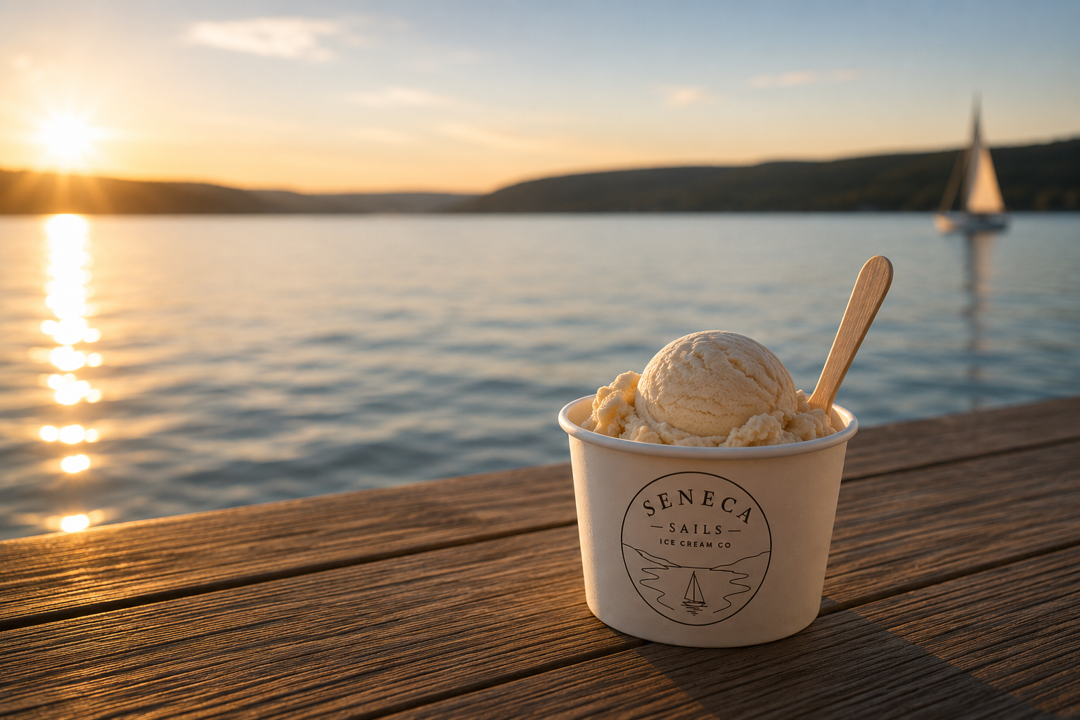 A cup of vanilla ice cream on a wooden surface by the water during sunset, with a sailboat in the background.