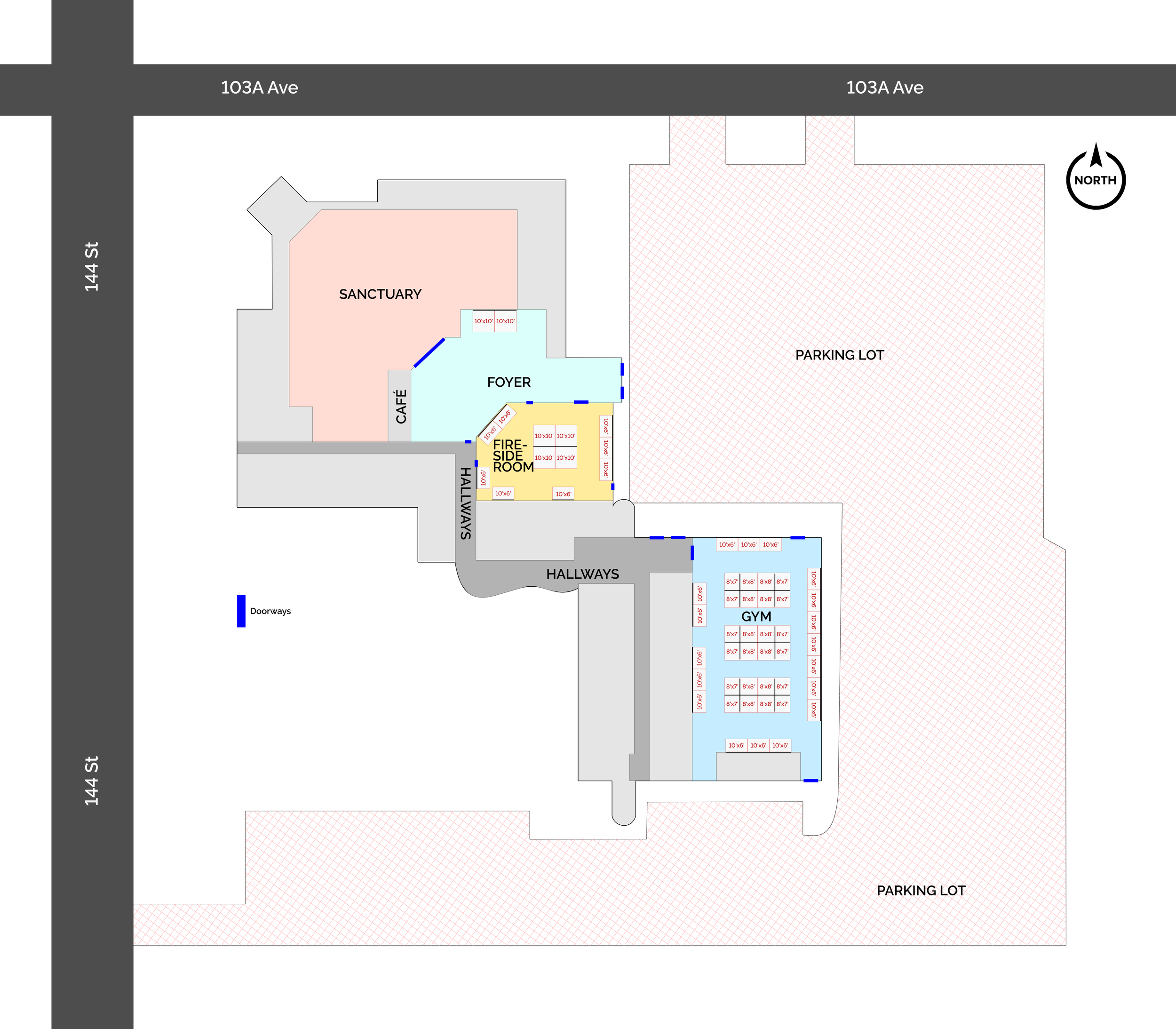 Approximate floor plan of Cedar Grove Baptist Church, showing booth sizes and locations