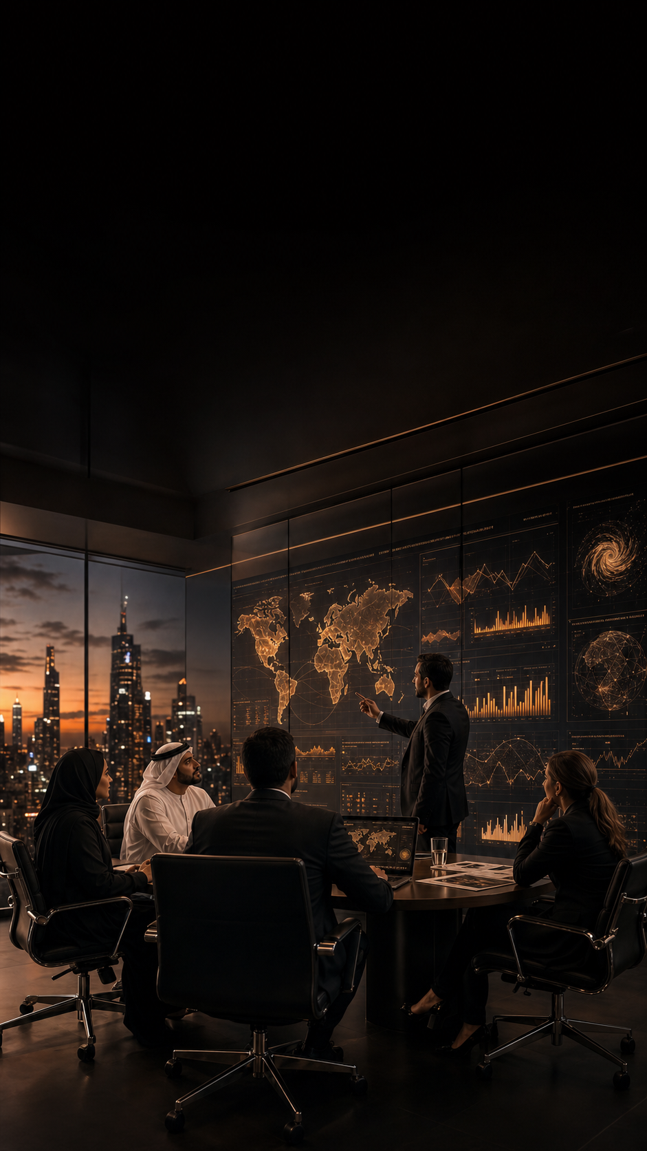 Business meeting in a dark conference room with a city skyline sunset view. A man in a suit is presenting data on a large screen with financial charts and world maps to a diverse group of four professionals.