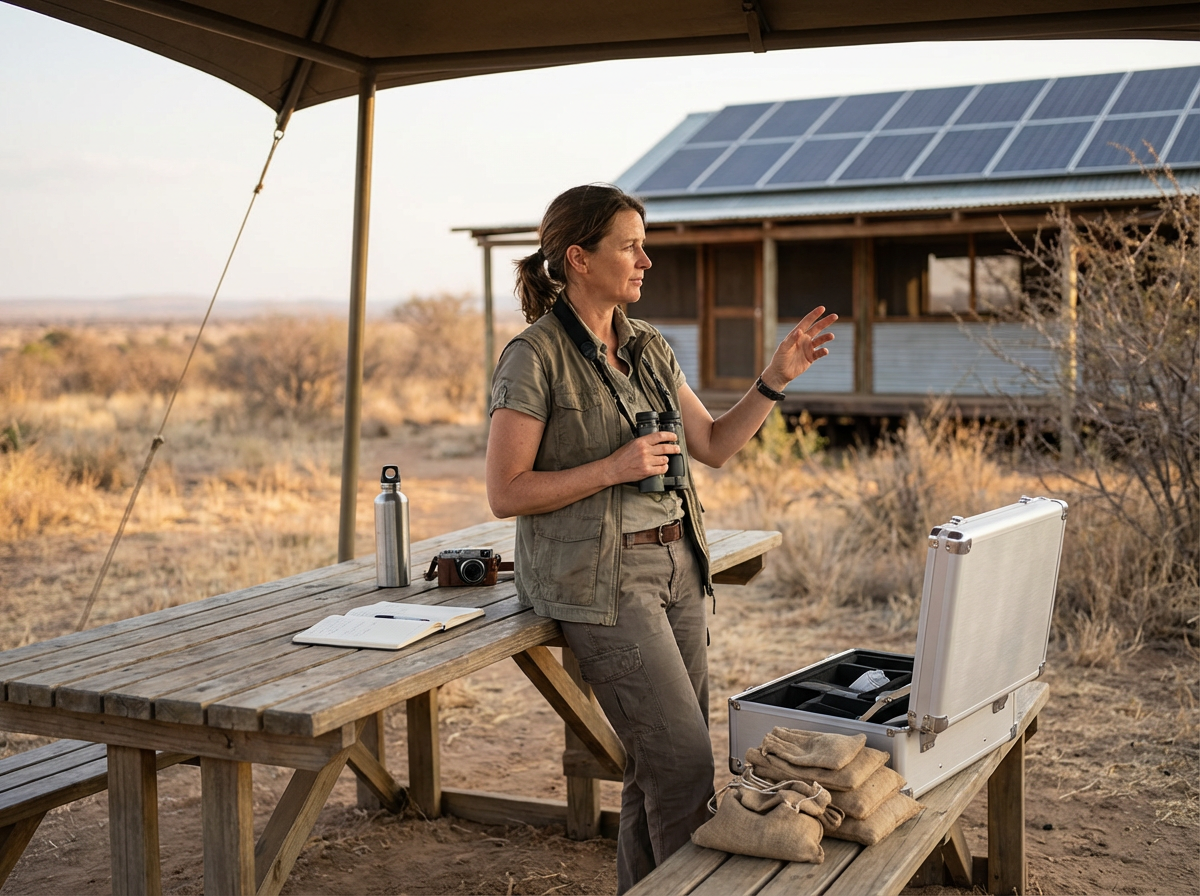 A woman stands under a canopy with a notebook, camera, and water bottle on a picnic table in a desert landscape. She holds binoculars in one hand and gestures with the other near a silver case open on the table. A wooden building with solar panels is in the background.