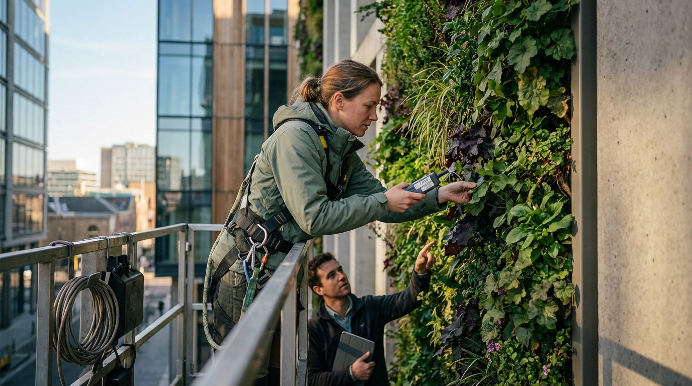 Two workers inspecting and maintaining a vertical garden of plants on a building's exterior with cityscape in the background.