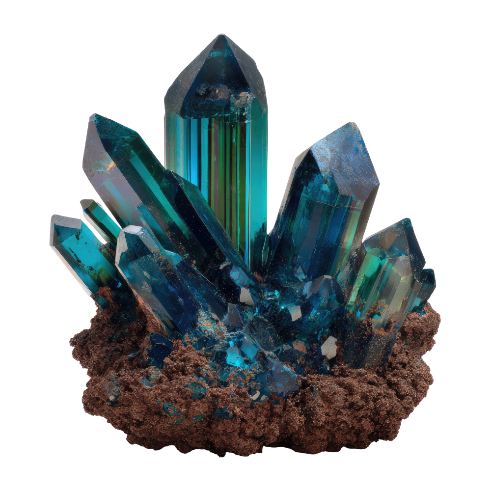 Cluster of vibrant blue and green crystals growing from brown soil.