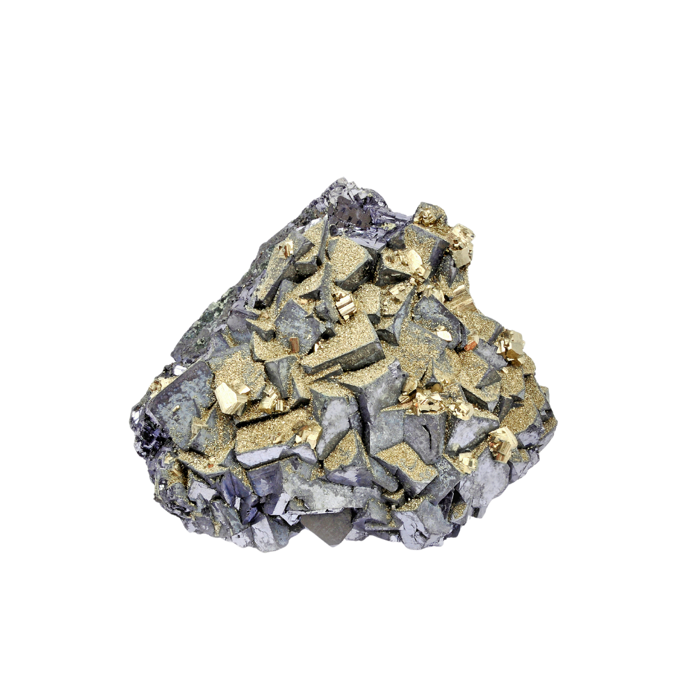 A mineral or rock specimen with metallic gray and gold-colored crystals on its surface, isolated on a black background.