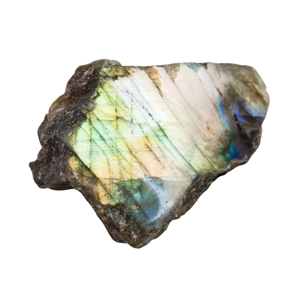 Close-up of a raw opal gemstone with iridescent flashes of green, blue, and yellow within a rough, grayish matrix.