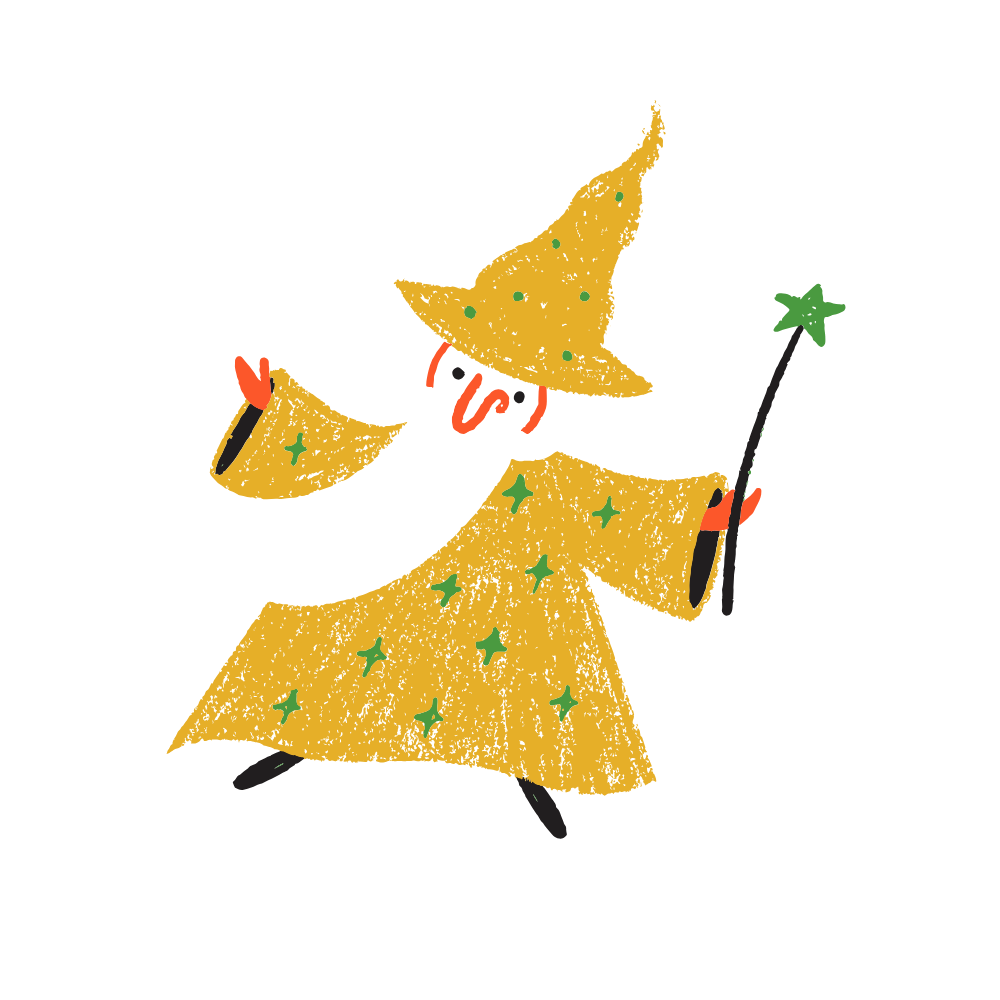 A cartoon wizard with a long white beard, wearing a tall, pointed yellow hat and a matching yellow robe decorated with green stars. The wizard is holding a black wand with a green star at the tip and has a dreamy expression.