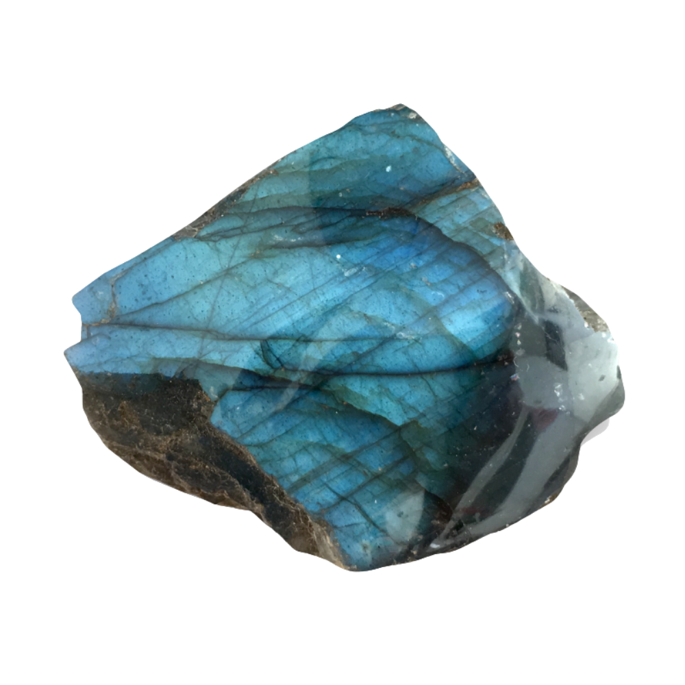Close-up of a rough, irregularly shaped piece of blue and gray labradorite mineral with a polished surface showing iridescent blue colors.