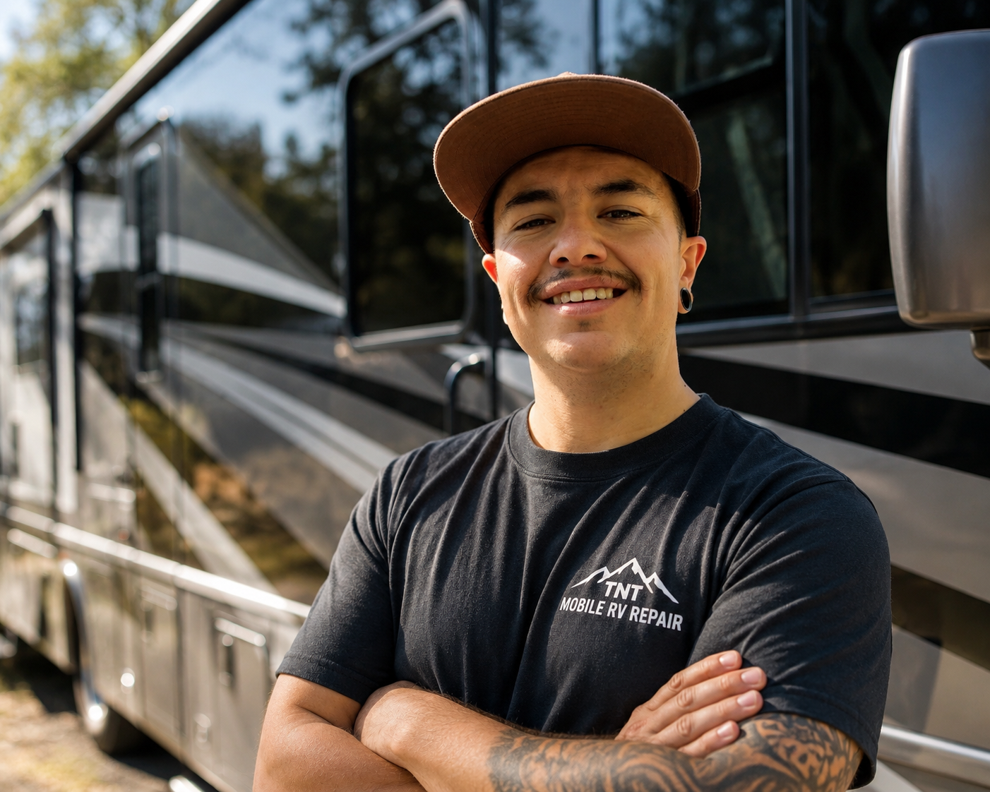 Smiling man with tattoos on his arm, wearing a black TNT Mobile RV Repair t-shirt and a brown cap, standing in front of a black and white motorhome outdoors.