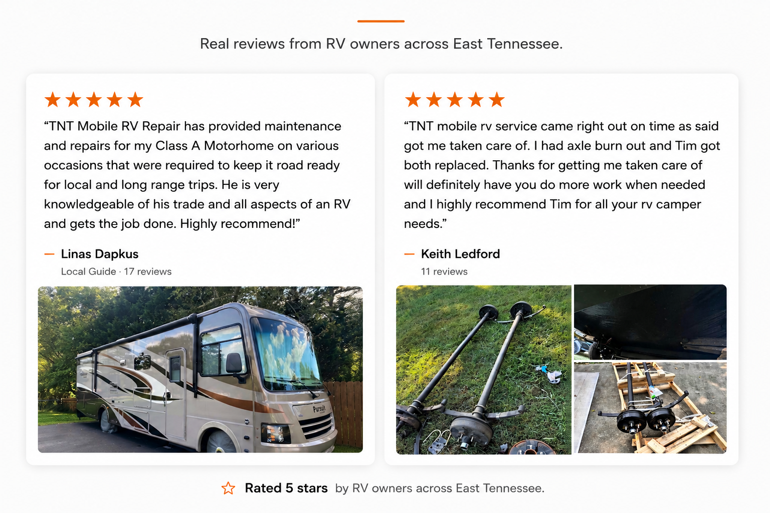 Reviews from RV owners in East Tennessee, featuring two five-star reviews with customer photos of an RV and RV parts.