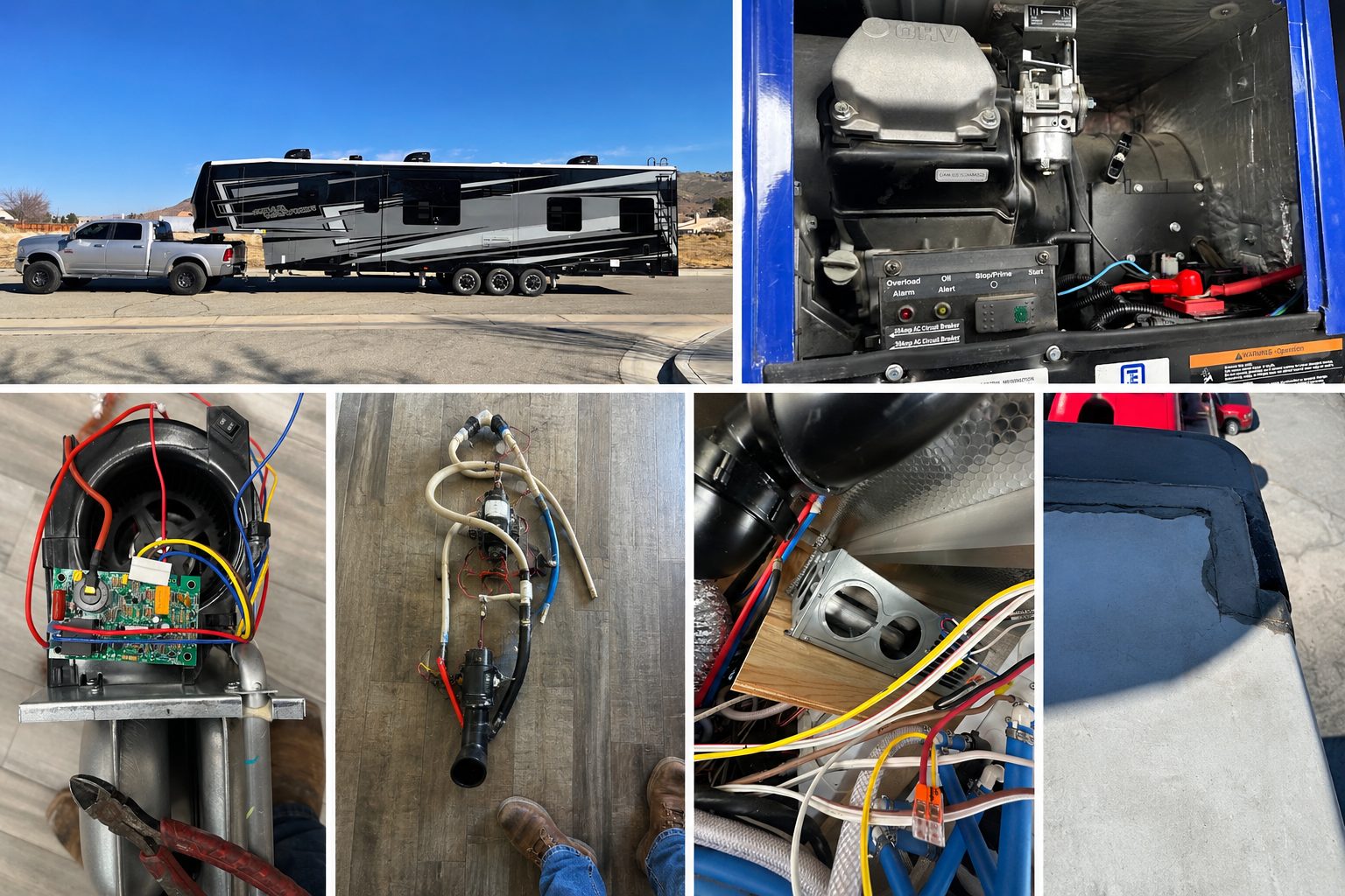 Multiple images showing a large camper trailer attached to a truck, inside electronics and wiring for a generator or electrical system, including a control panel, wiring, a circuit breaker box, and other components.