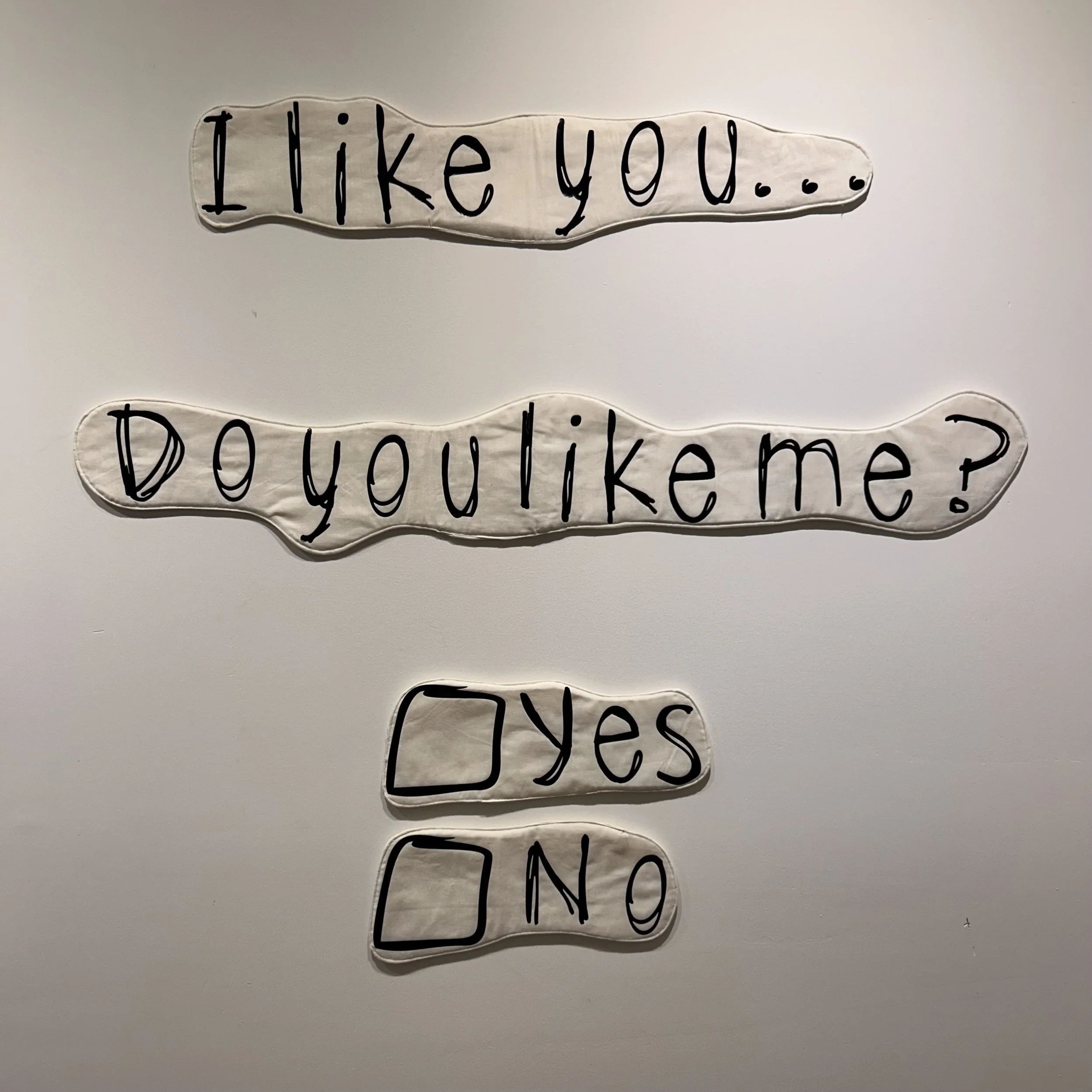 White fabric sign with black handwritten text saying 'I like you...'