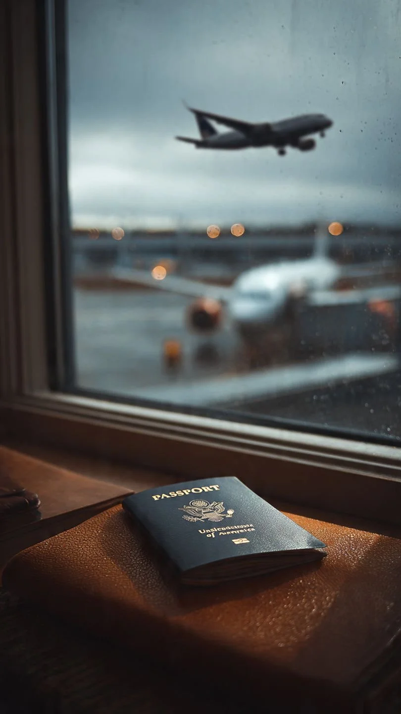 A U.S. passport resting on a brown leather surface at an airport window, with an airplane taking off in the cloudy sky outside.