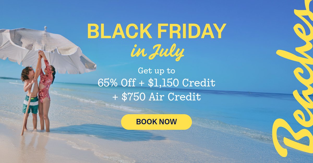 Two children at the beach under a large striped umbrella, with the ocean in the background. The image promotes a Black Friday sale in July with discounts and credits.