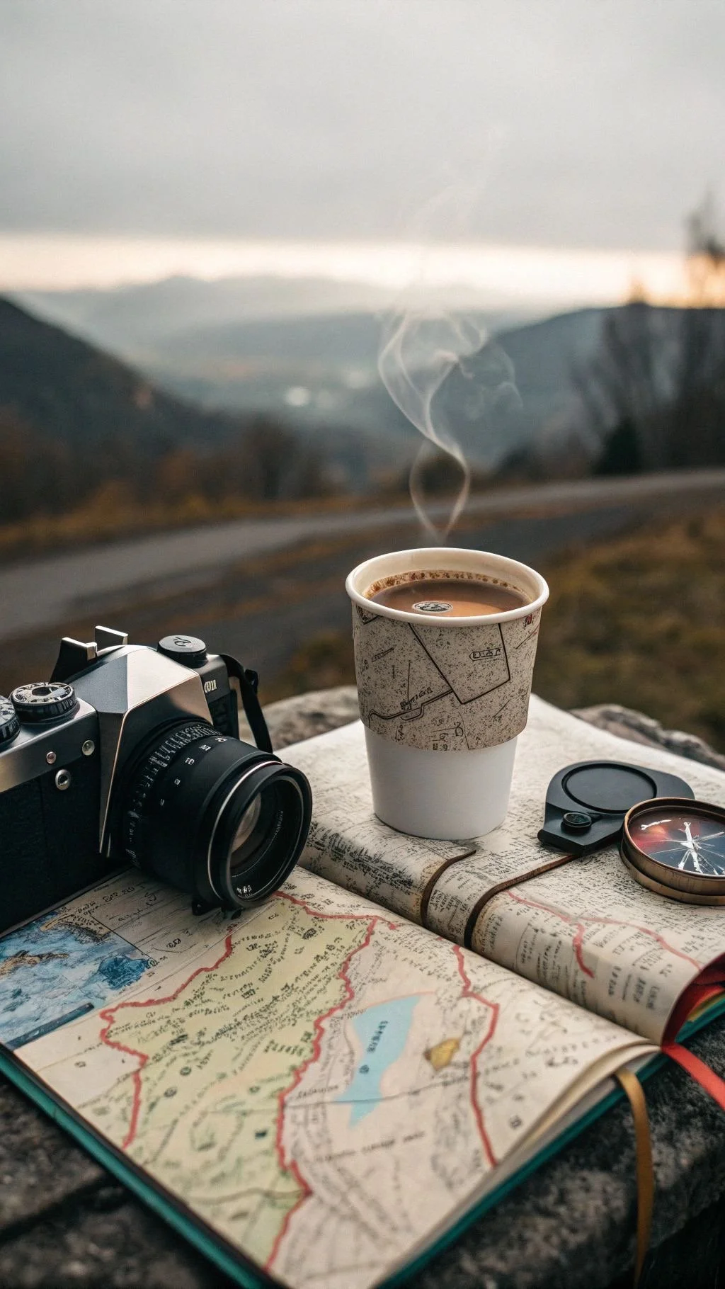 A camera, a map, a compass, a cup of hot coffee, and a lens cover on a rock ledge during sunrise or sunset in a mountainous landscape.