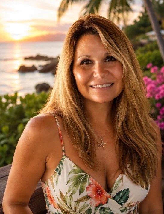 Woman with long blonde hair smiling outdoors near the ocean during sunset, with palm trees and pink flowers in the background.
