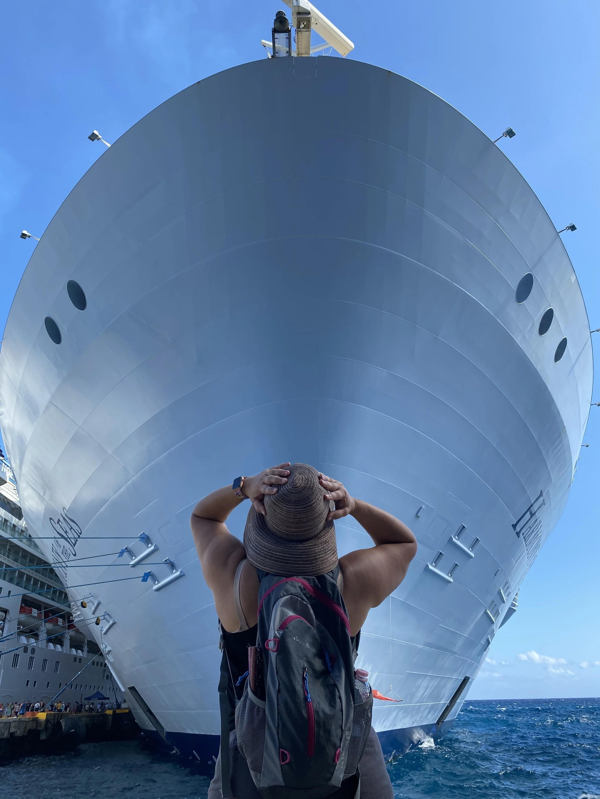 Person with a backpack and wearing a wide-brimmed hat standing on a dock, looking at the bow of a large cruise ship against a blue sky and ocean background.