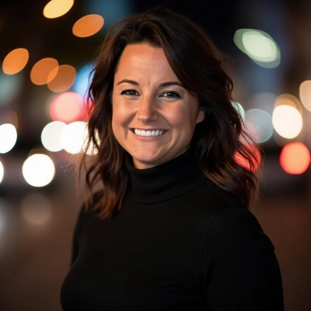 A smiling young woman with shoulder-length brown hair in an outdoor setting at night with blurred city lights in the background.
