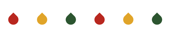 Six teardrop-shaped colored objects arranged in a row, with colors red, yellow, green, red, yellow, green from left to right.