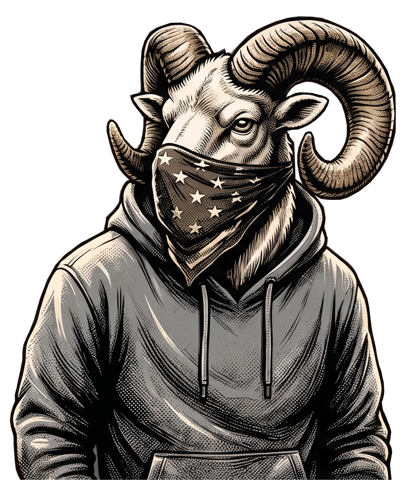 A hero ram character wearing a hoodie and a bandana with stars covering the face.