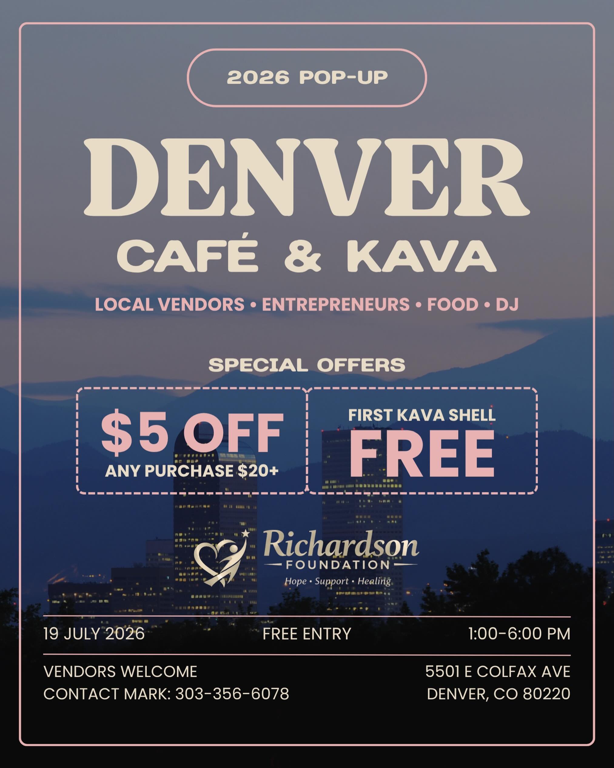 Denver Cafe and Kava is excited to partner with the Richardson Foundation and host their pop up on the 19th! The Richardson Foundation is a local 501(c) non profit focusing on cancer relief, homelessness assistance, youth development, and community o